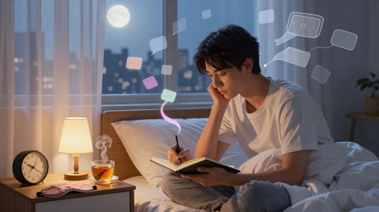 Jovem sentado na cama à noite escrevendo em um caderno com chá e relógio ao lado.