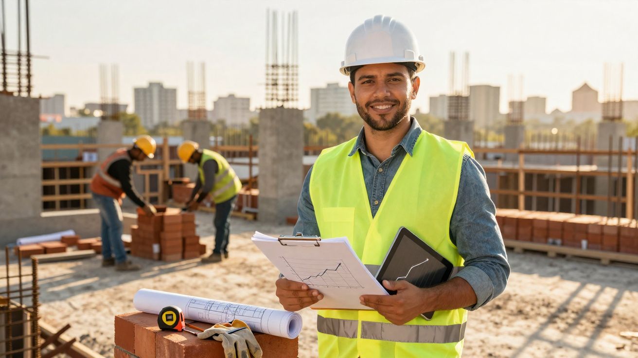Engenheiro de obras com capacete e colete reflexivo, segurando prancheta em canteiro de obras.