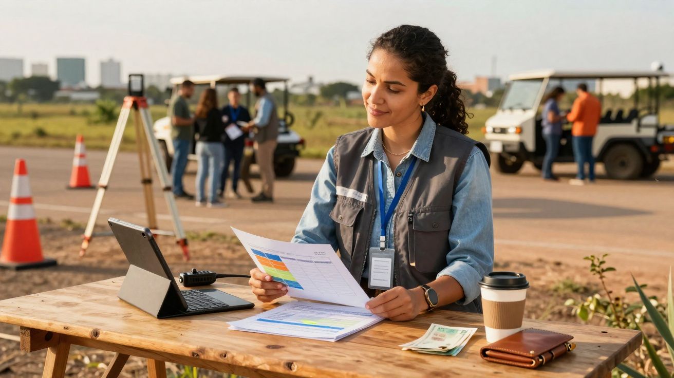 Mulher analisa documento sentada em mesa de madeira ao ar livre, com tablet e café ao lado.
