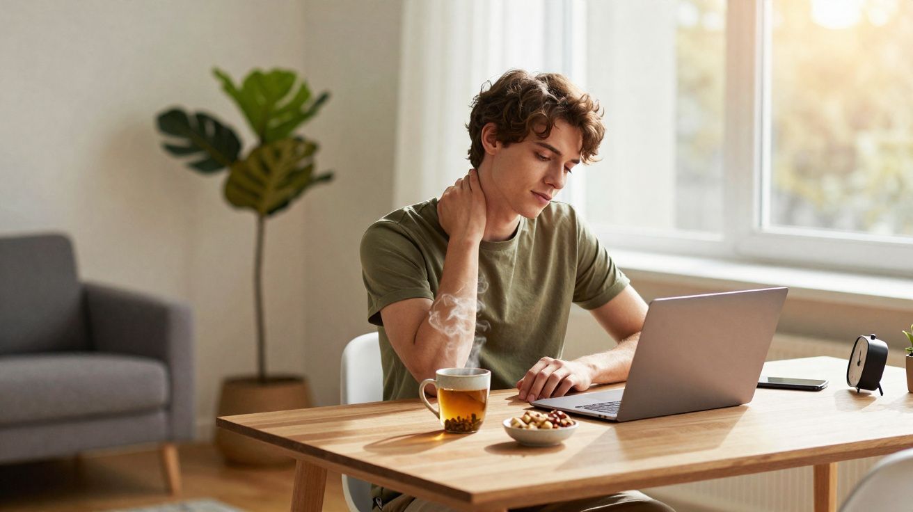 Jovem sentado à mesa com laptop, tomando chá, massageando o pescoço em ambiente iluminado e decorado.