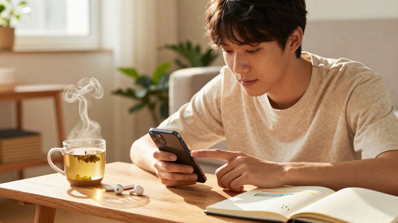 Jovem sentado à mesa, usando celular, com livro aberto, fones de ouvido e xícara de chá quente ao lado.