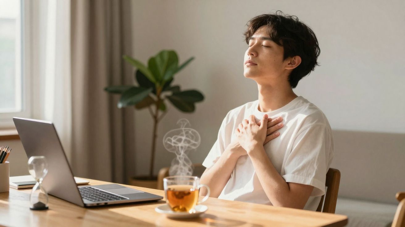 Homem sentado em mesa com laptop, olhos fechados e mãos no peito, parece estar relaxando em casa.