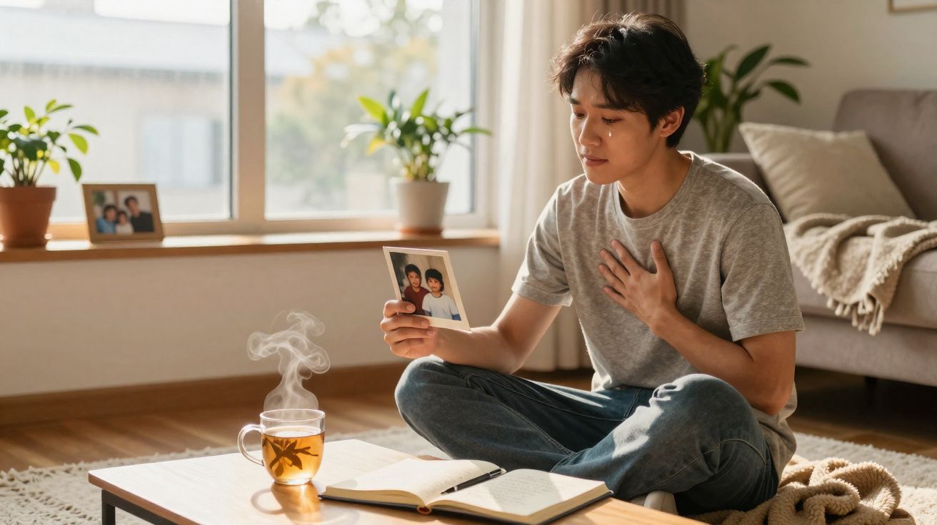 Homem sentado no chão olhando foto antiga com expressão nostálgica em sala iluminada e aconchegante.