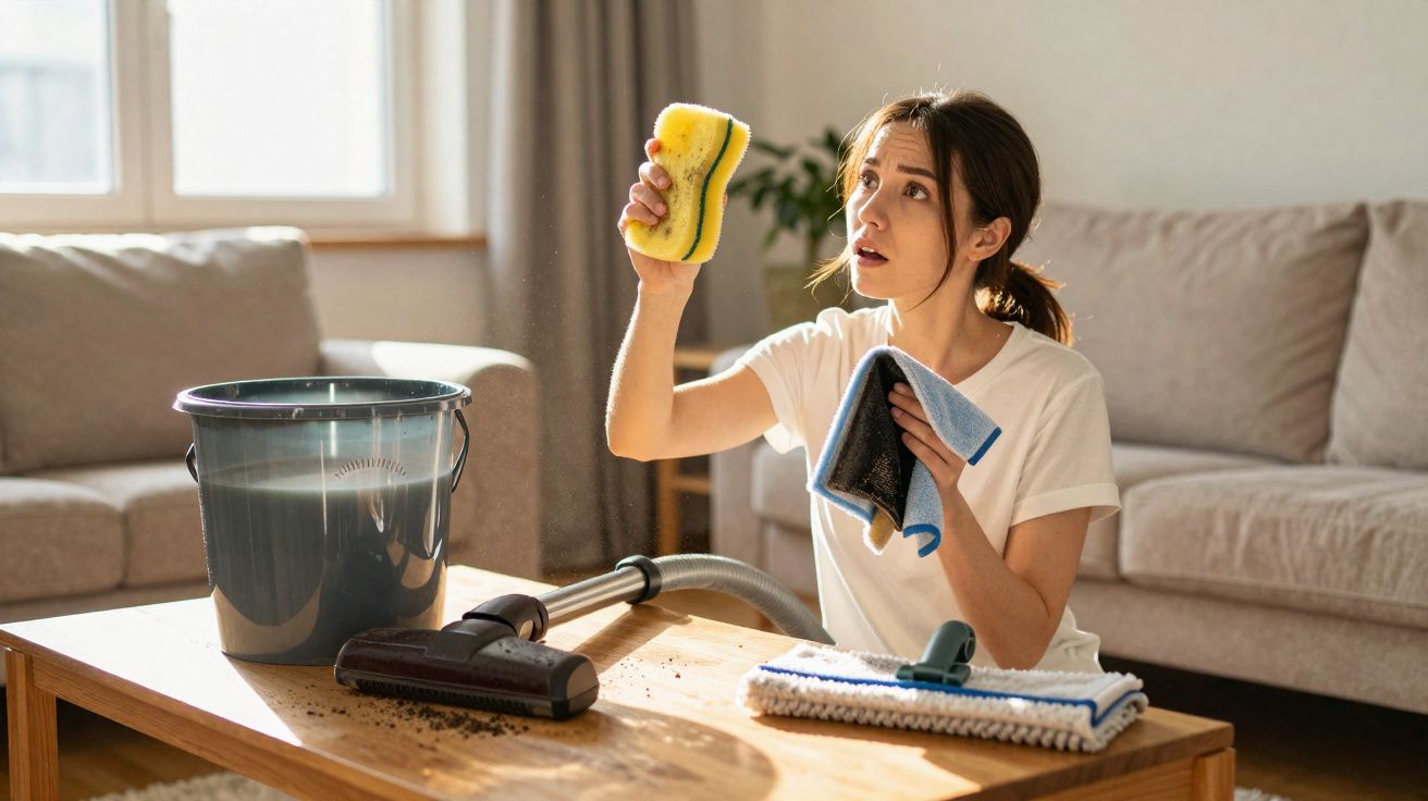 Mulher com expressão surpresa limpando mesa de madeira com esponja e pano em sala iluminada.