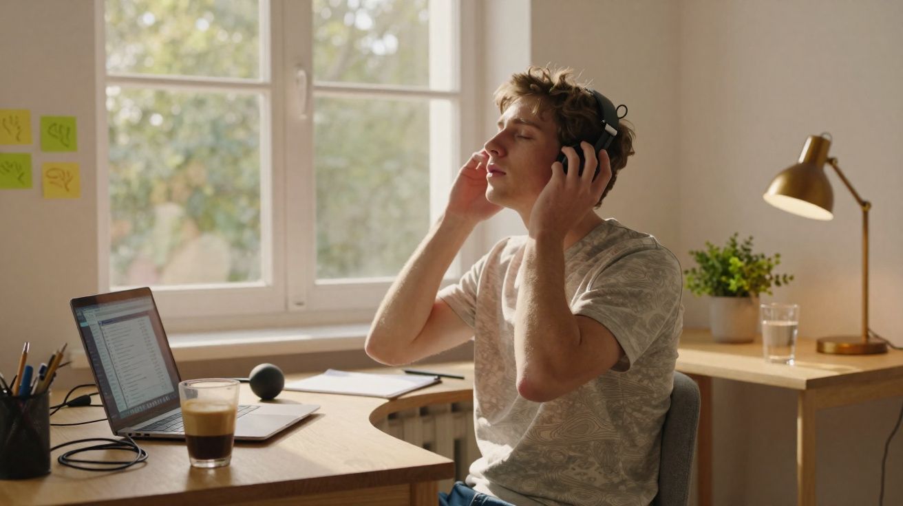 Jovem ouvindo música com fones de ouvido enquanto está sentado em escritório em casa perto de laptop.