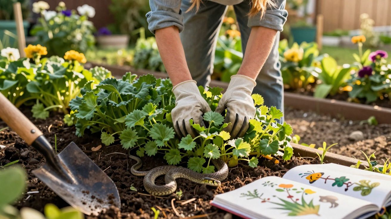 Pessoa com luvas cuidando das plantas em canteiro com cobra escondida próxima a uma pá e um livro aberto.