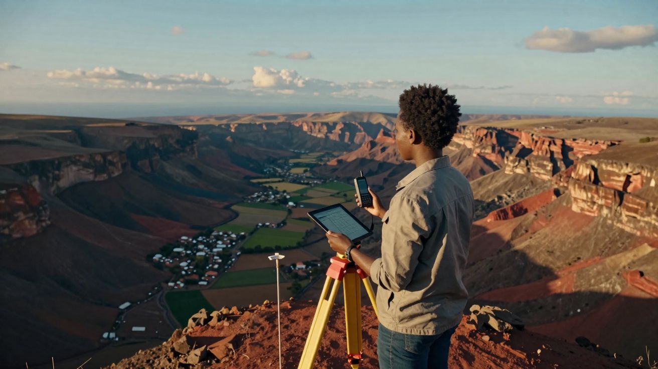 Homem usando tablet e rádio em tripé no topo de montanha, com vale e pequenas casas ao fundo.