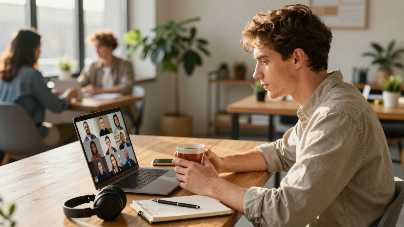 Jovem sentado em mesa com notebook em reunião virtual, segurando caneca em ambiente de escritório moderno.