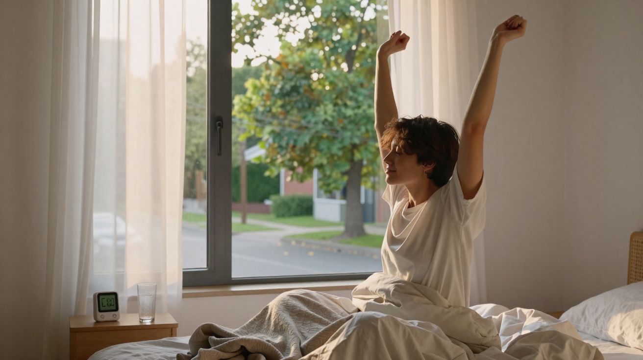 Pessoa acordando e espreguiçando na cama perto da janela em um quarto iluminado pela manhã.