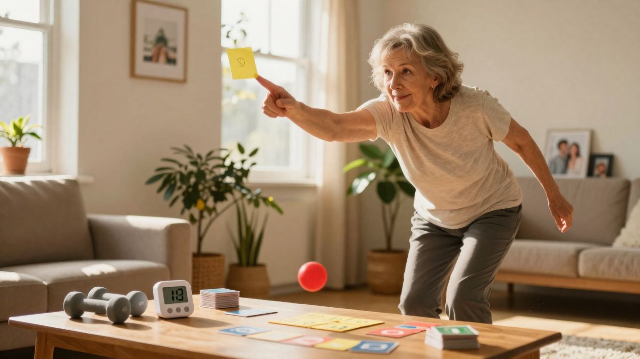 Mulher idosa joga bingo em casa, segurando cartela amarela, com mesa, pesos e plantas ao fundo.