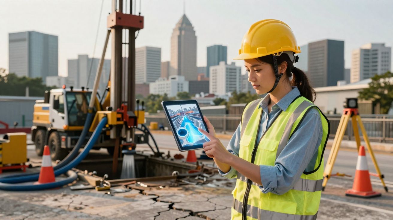 Mulher engenheira com capacete e colete analisando projeto em tablet em obra urbana.