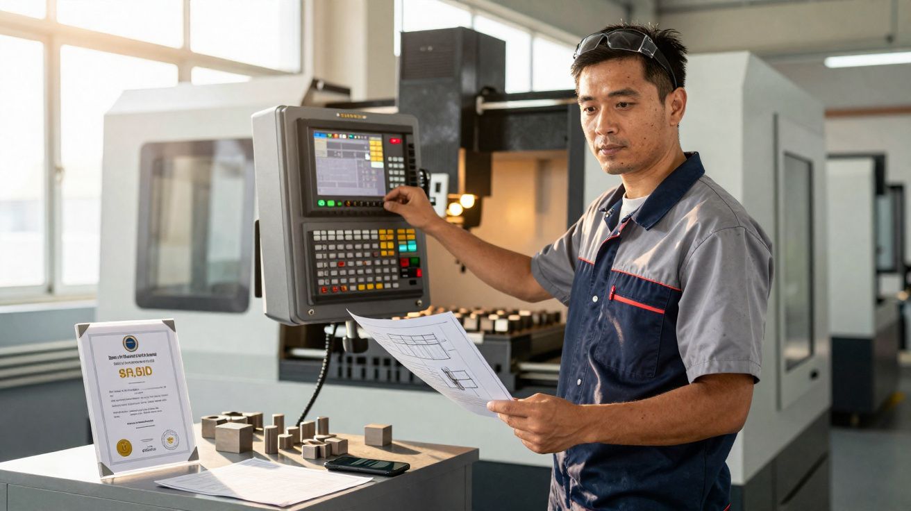 Homem operando máquina CNC em fábrica enquanto segura planta técnica e usa óculos de proteção.