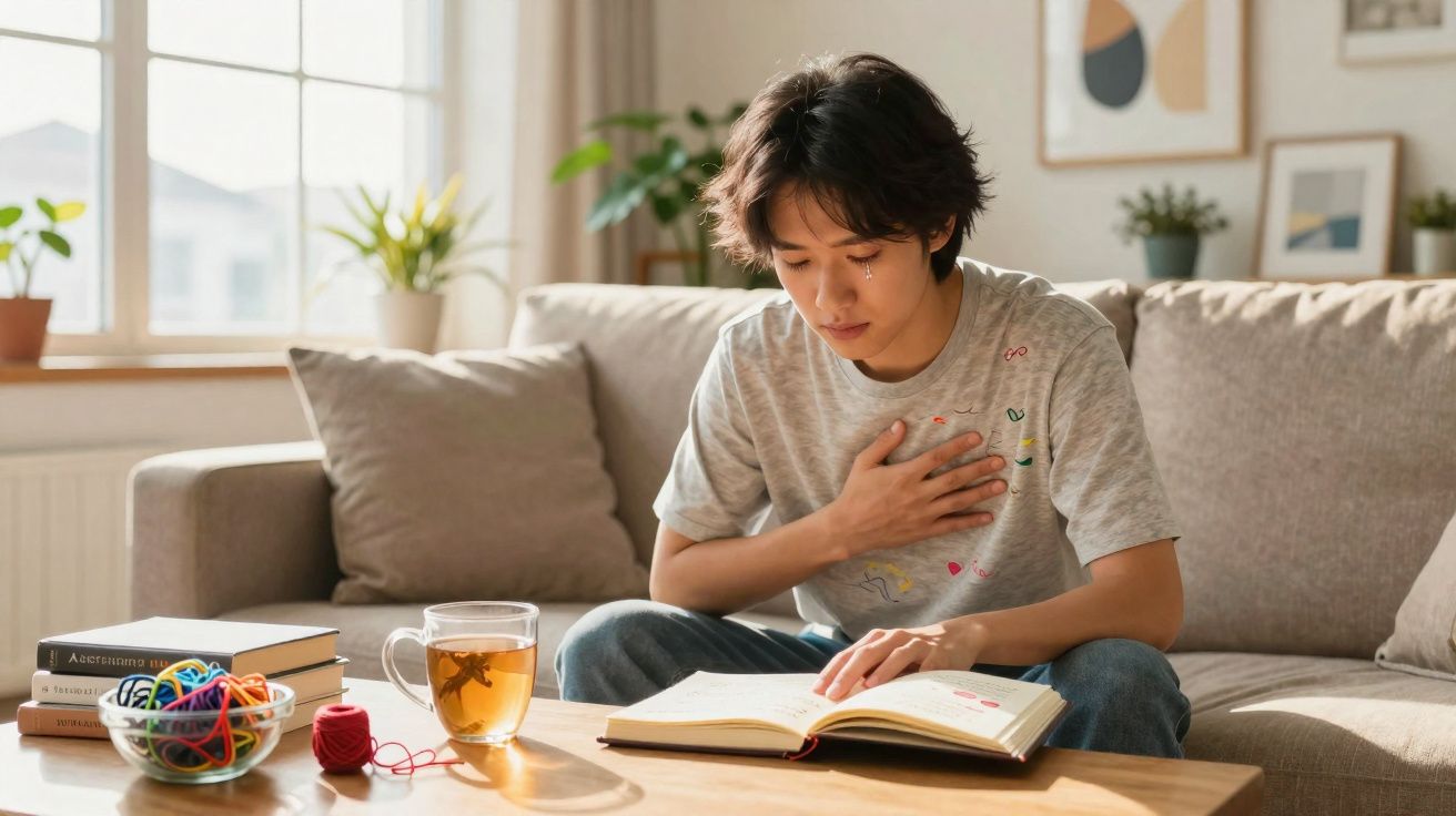 Jovem sentado no sofá segurando o peito com lágrima, enquanto lê livro em sala iluminada e aconchegante.