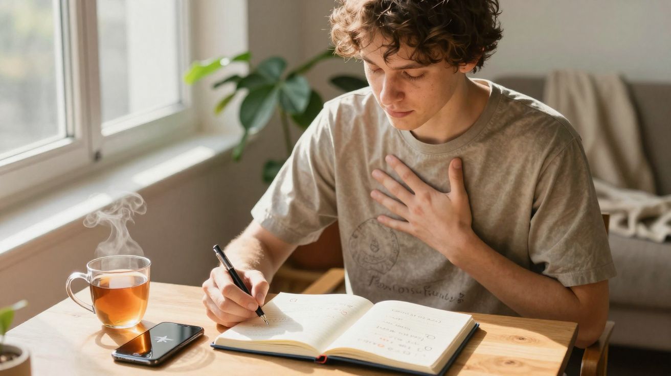 Jovem sentado à mesa escrevendo em caderno, com chá quente e celular ao lado, em ambiente iluminado.