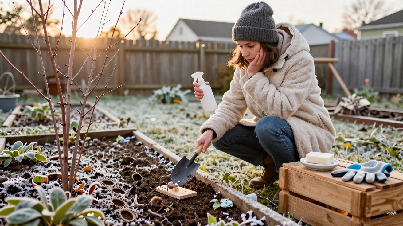 Mulher agachada no jardim plantando e regando sementes em canteiro com roupa de inverno.