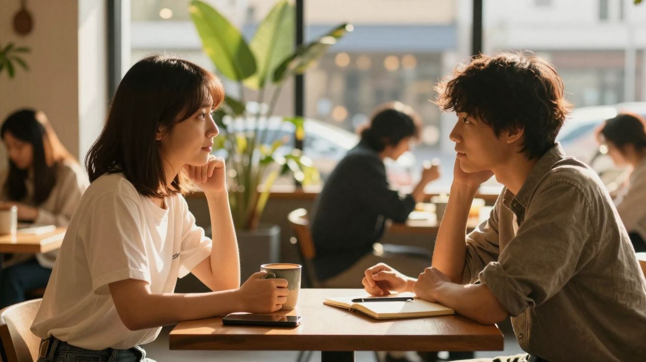 Casal jovem sentado em mesa de cafeteria, conversando e segurando xícaras, ambiente iluminado e descontraído.