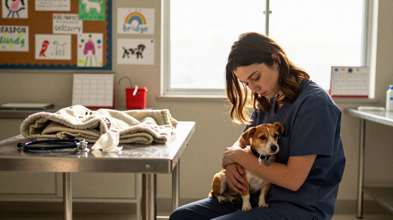 Veterinária sentada segurando um cachorro pequeno em clínica veterinária iluminada.
