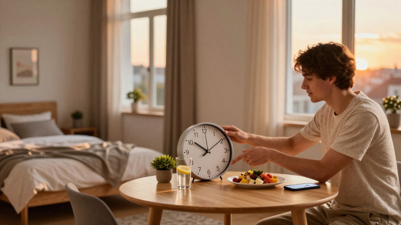 Jovem sentado à mesa em quarto, apontando para relógio enquanto toma café da manhã ao amanhecer.