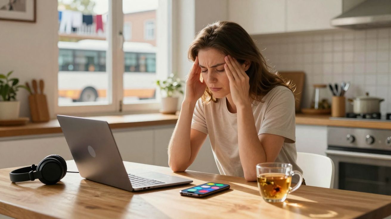 Mulher sentada à mesa com laptop, segurando a cabeça com expressão de cansaço ou dor de cabeça na cozinha.