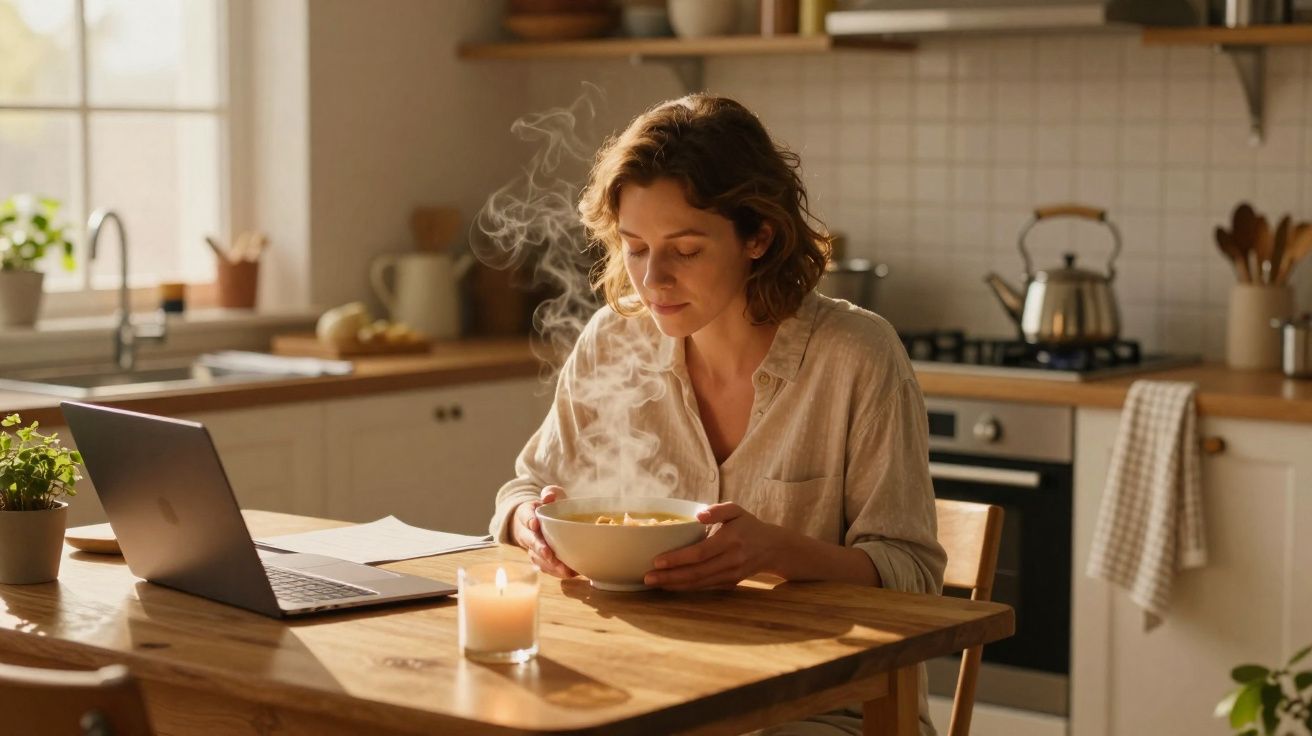 Mulher sentada à mesa na cozinha, segurando tigela de comida quente com vapor, laptop aberto ao lado.