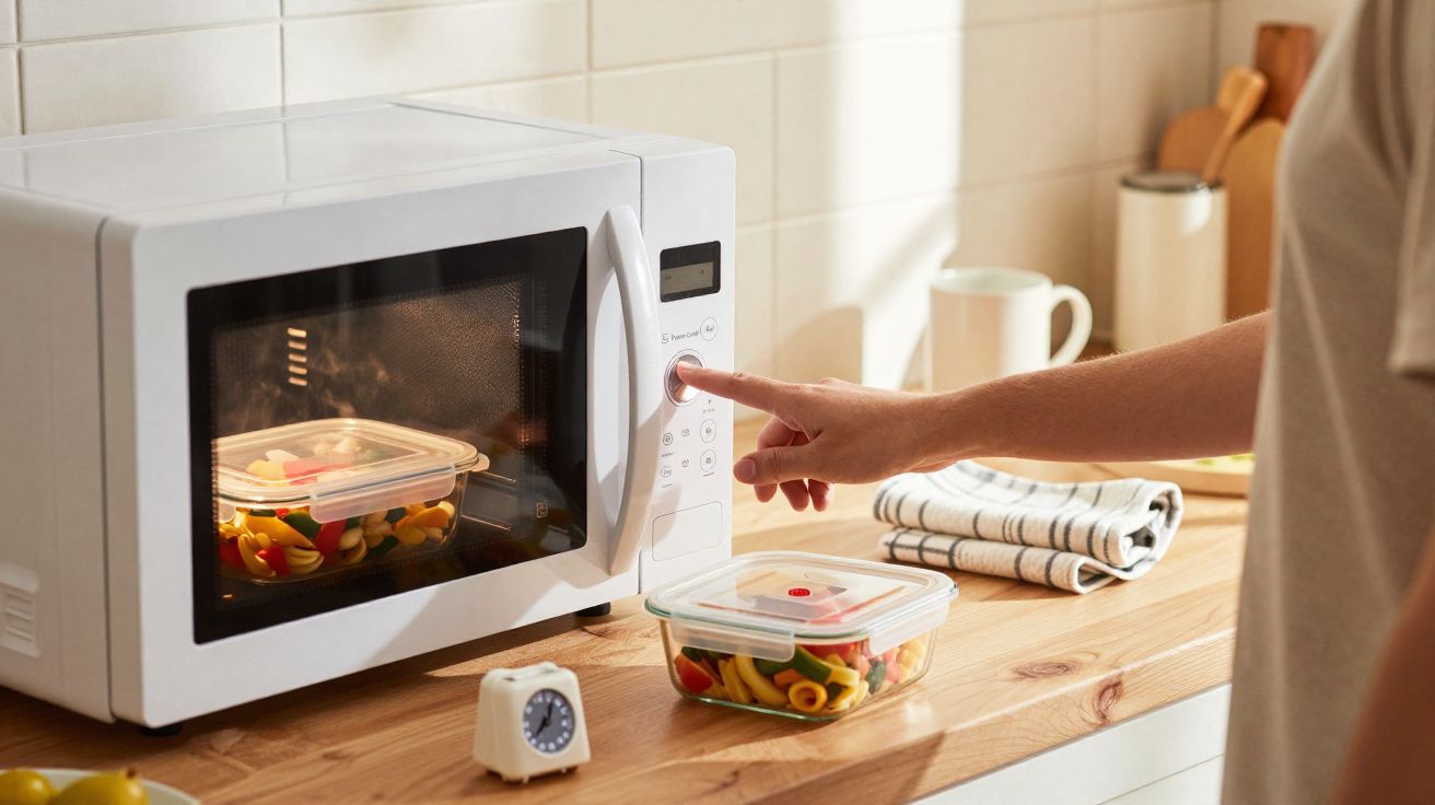 Pessoa acionando micro-ondas branco para aquecer comida em pote plástico na cozinha.