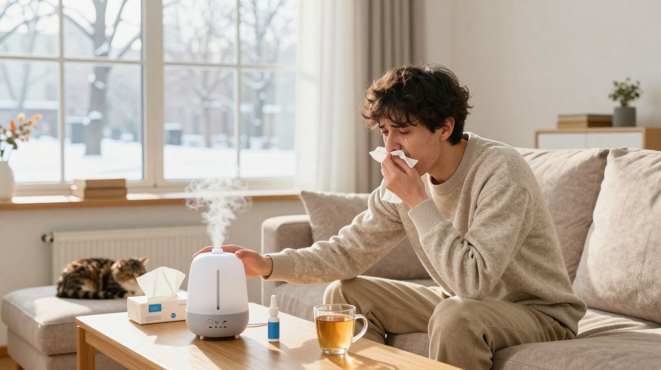 Jovem com lenço no nariz usando umidificador, com chá e remédios em uma sala iluminada com gato ao fundo.