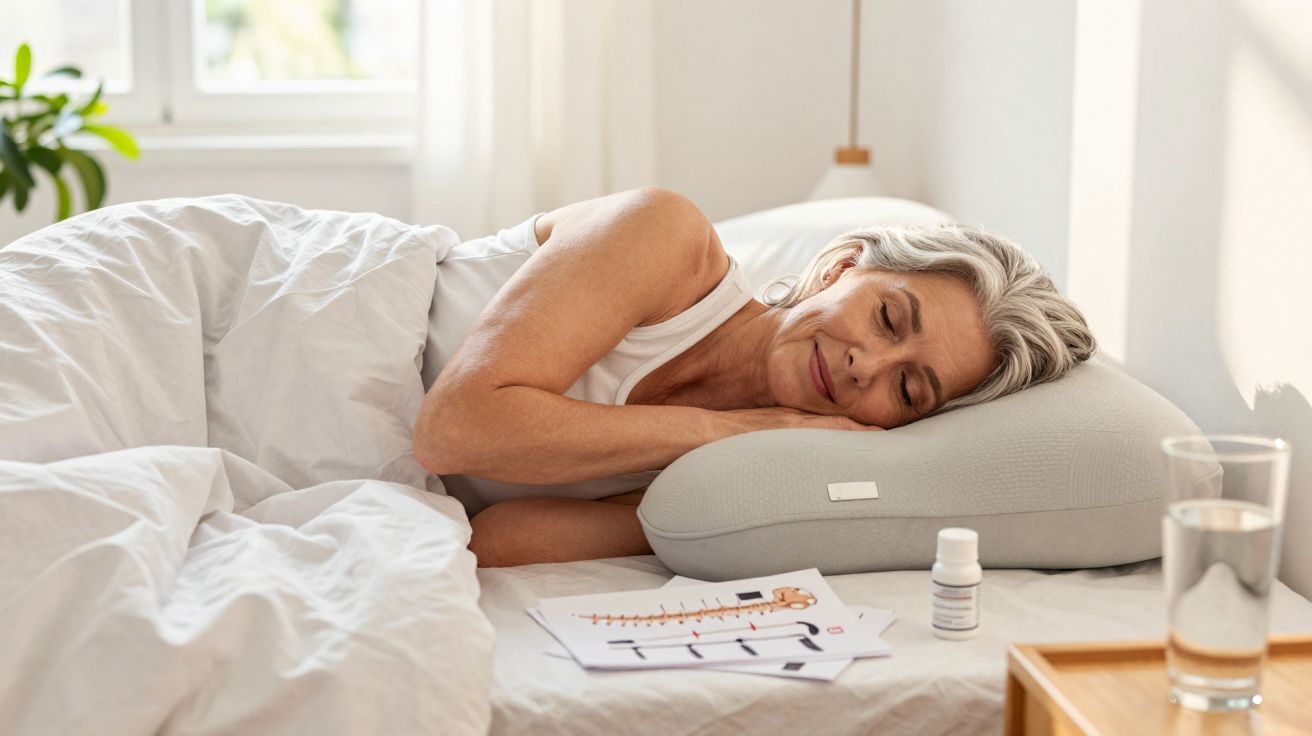 Mulher adulta descansando na cama com remédio e ilustrações da coluna ao lado, em ambiente claro.