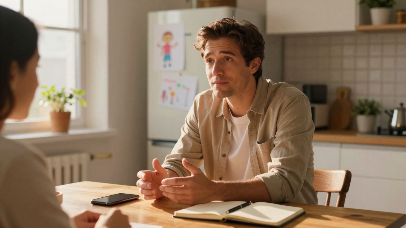 Homem discute algo sério sentado à mesa de cozinha com outra pessoa, com caderno aberto à frente.
