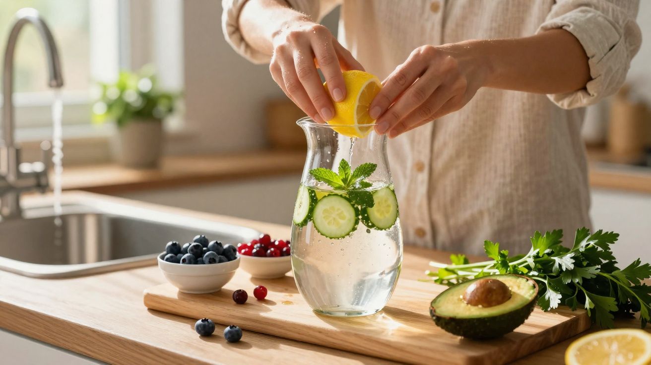 Pessoa espremendo limão em jarra com água, pepino e hortelã em cozinha iluminada