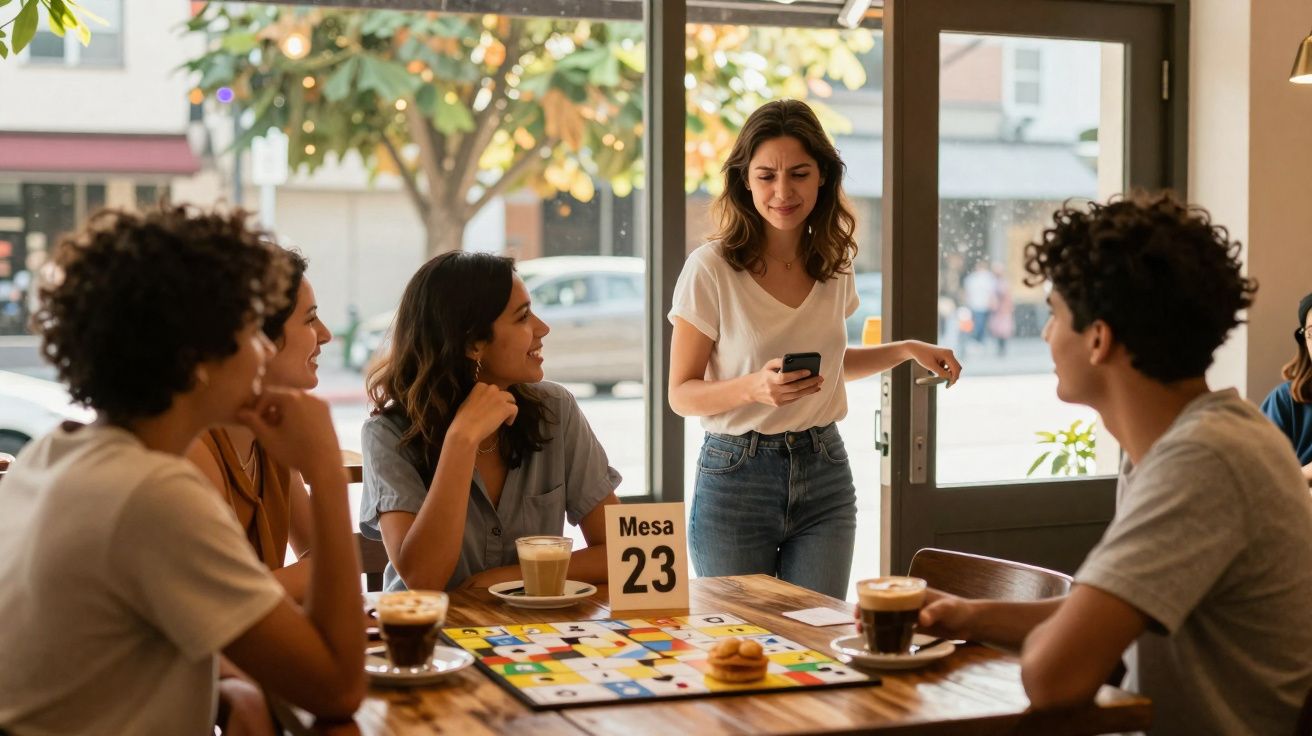 Jovens jogando tabuleiro em café, enquanto uma mulher em pé olha o celular perto da porta.