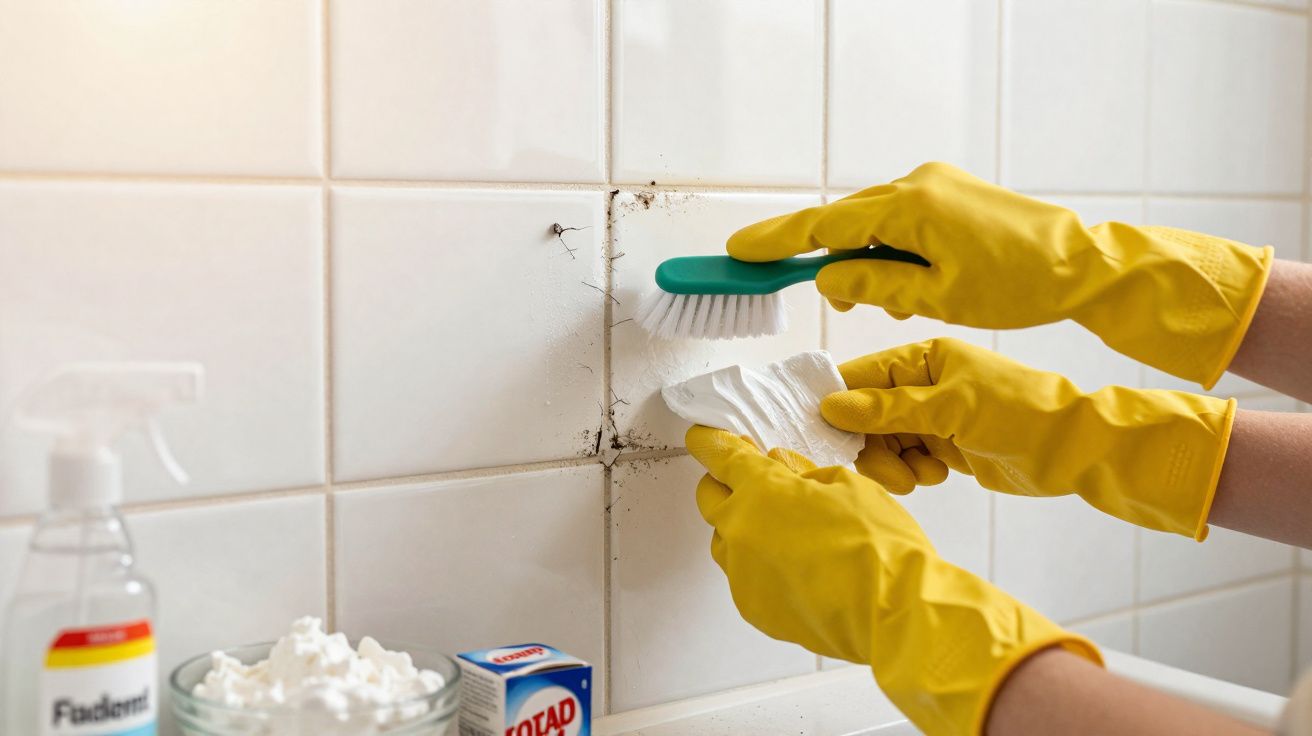 Mãos com luvas amarelas limpam mofos de rejunte em azulejos brancos usando escova e produto de limpeza.