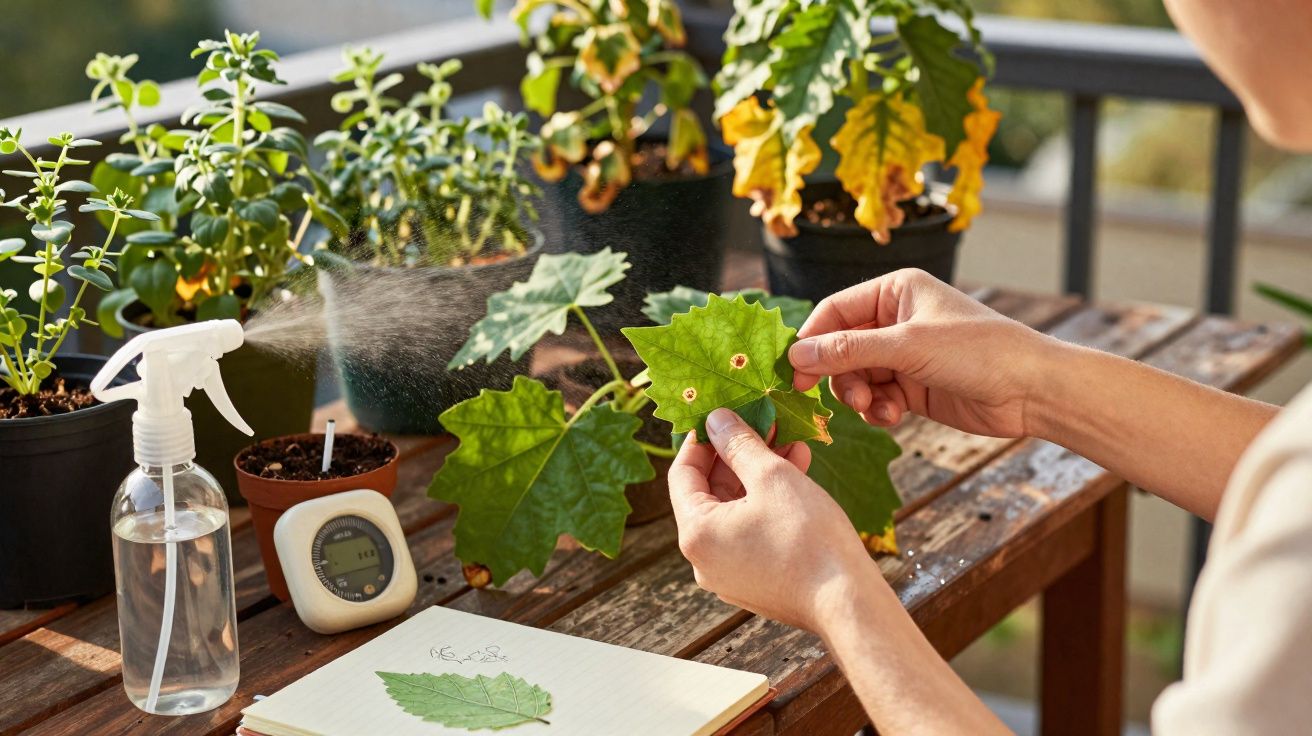 Pessoa examinando folha com manchas em mesa de madeira com plantas em vasos e borrifador de água.
