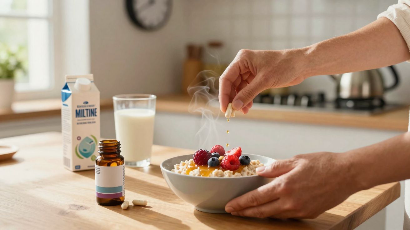 Pessoa adicionando cápsulas em uma tigela de cereal com frutas na mesa da cozinha.
