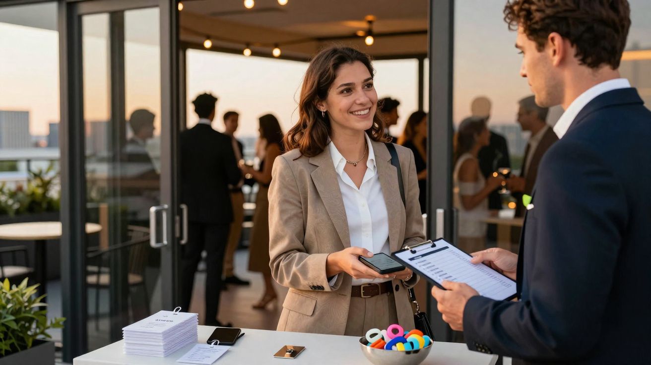 Mulher sorridente entrega smartphone para homem com prancheta em recepção de evento corporativo.