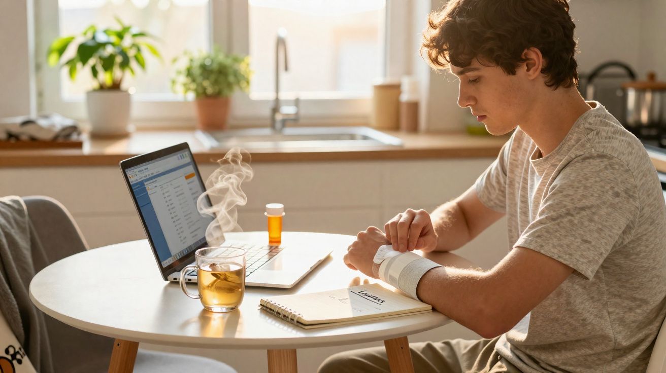 Jovem com curativo no pulso trabalhando em laptop com chá quente e remédio em mesa na cozinha.