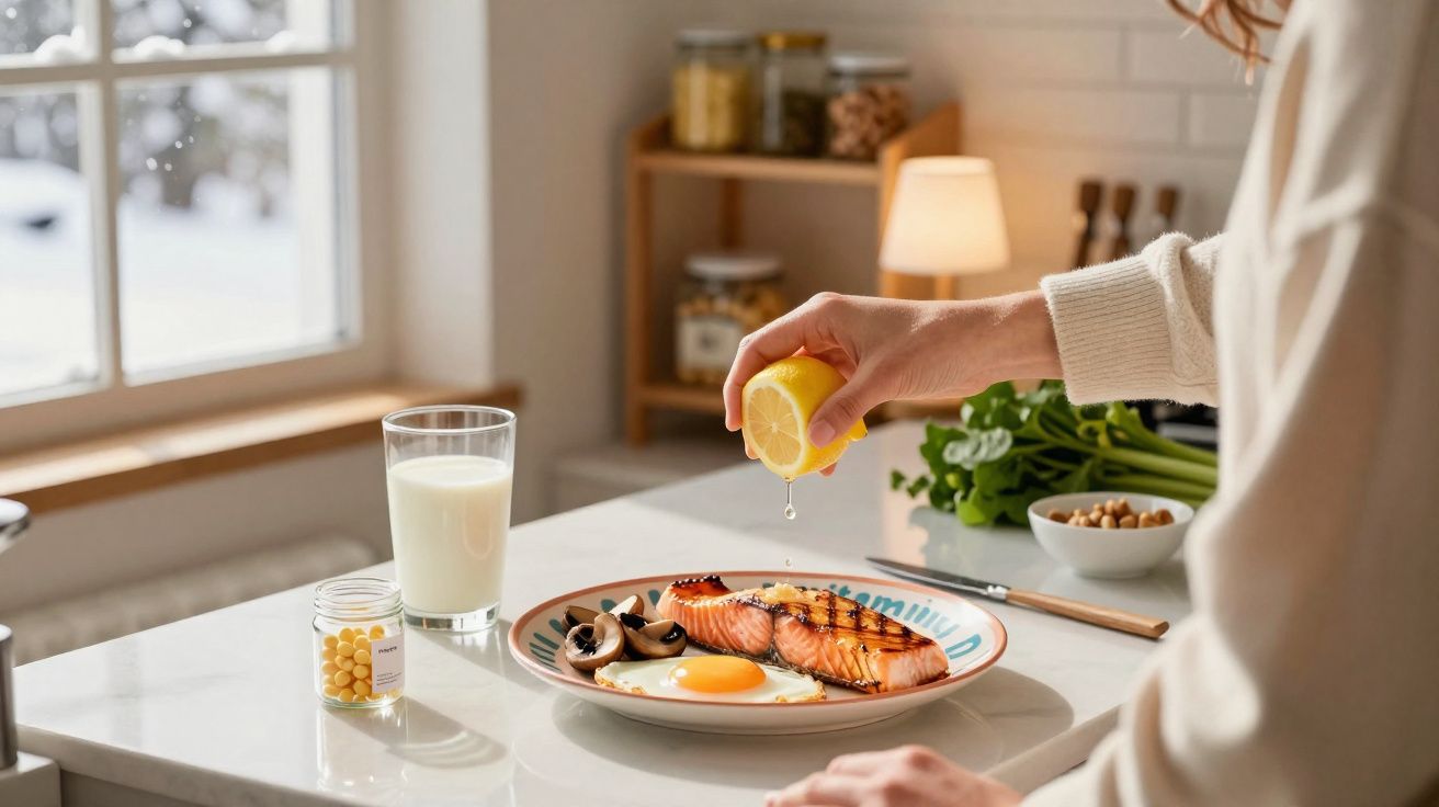Pessoa espremendo limão sobre salmão grelhado com ovo, cogumelos, leite e suplementos na mesa.