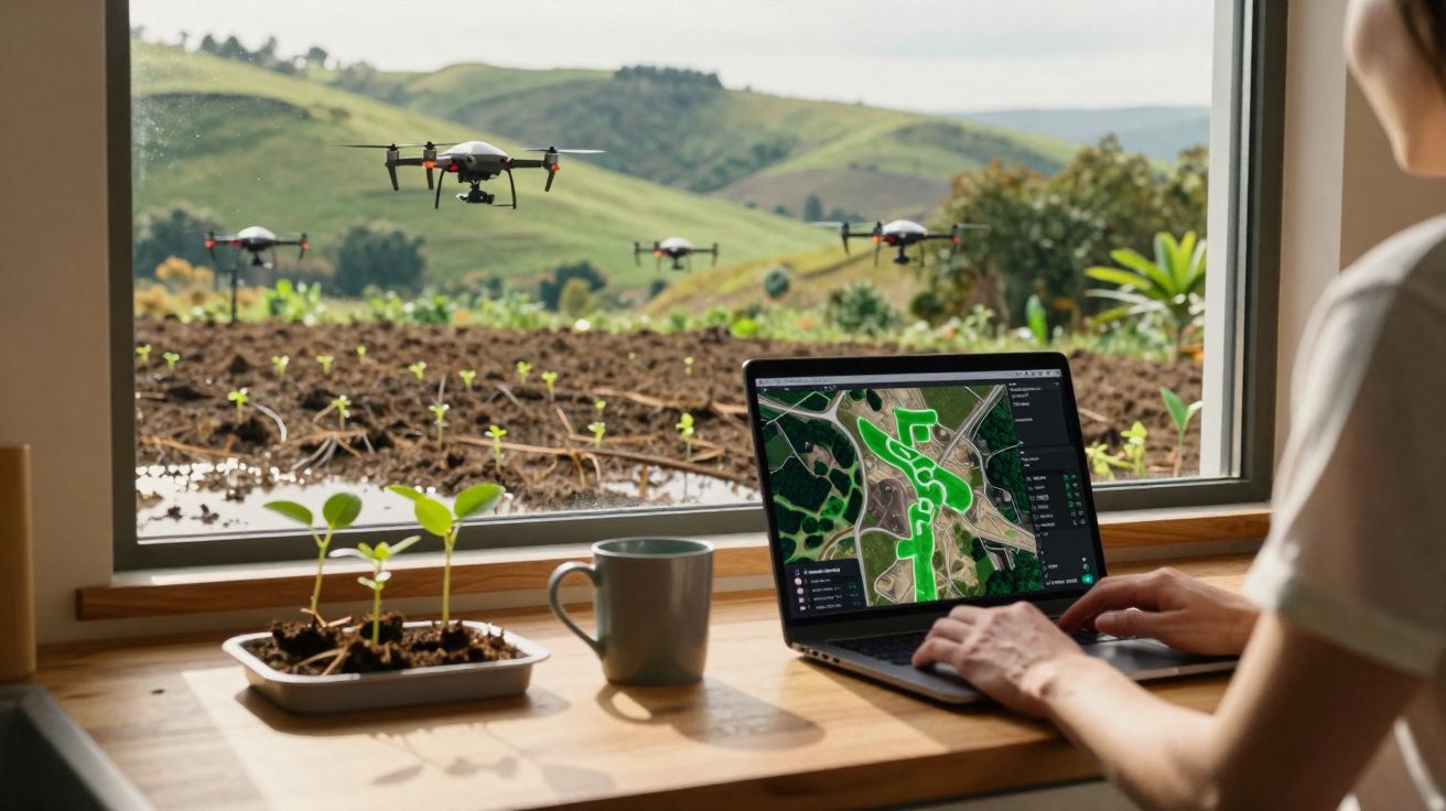 Pessoa controlando drones para monitoramento agrícola com laptop, janela, plantações e mudas na mesa.