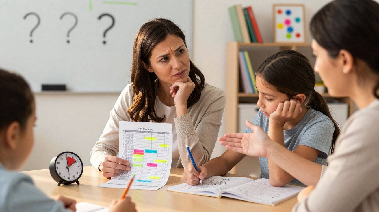 Mulher explica lição para duas crianças que estudam com material escolar e relógio em mesa.