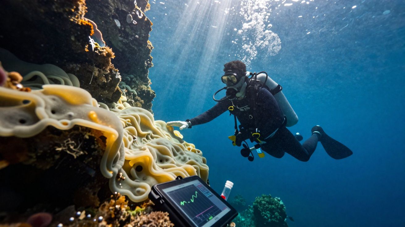 Mergulhador examina coral sob águas claras com equipamento de monitoramento no fundo do mar.