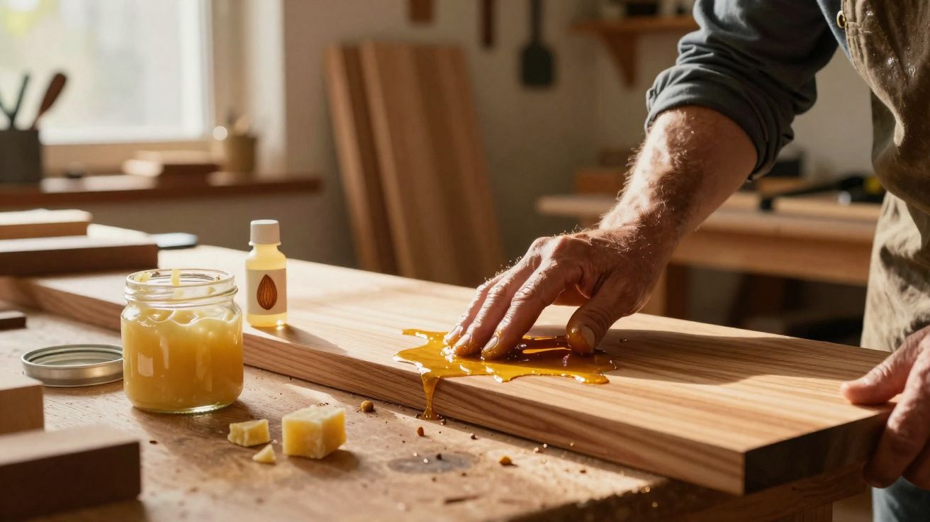 Pessoa aplicando óleo em tábua de madeira com pano em oficina de marcenaria iluminada natural.