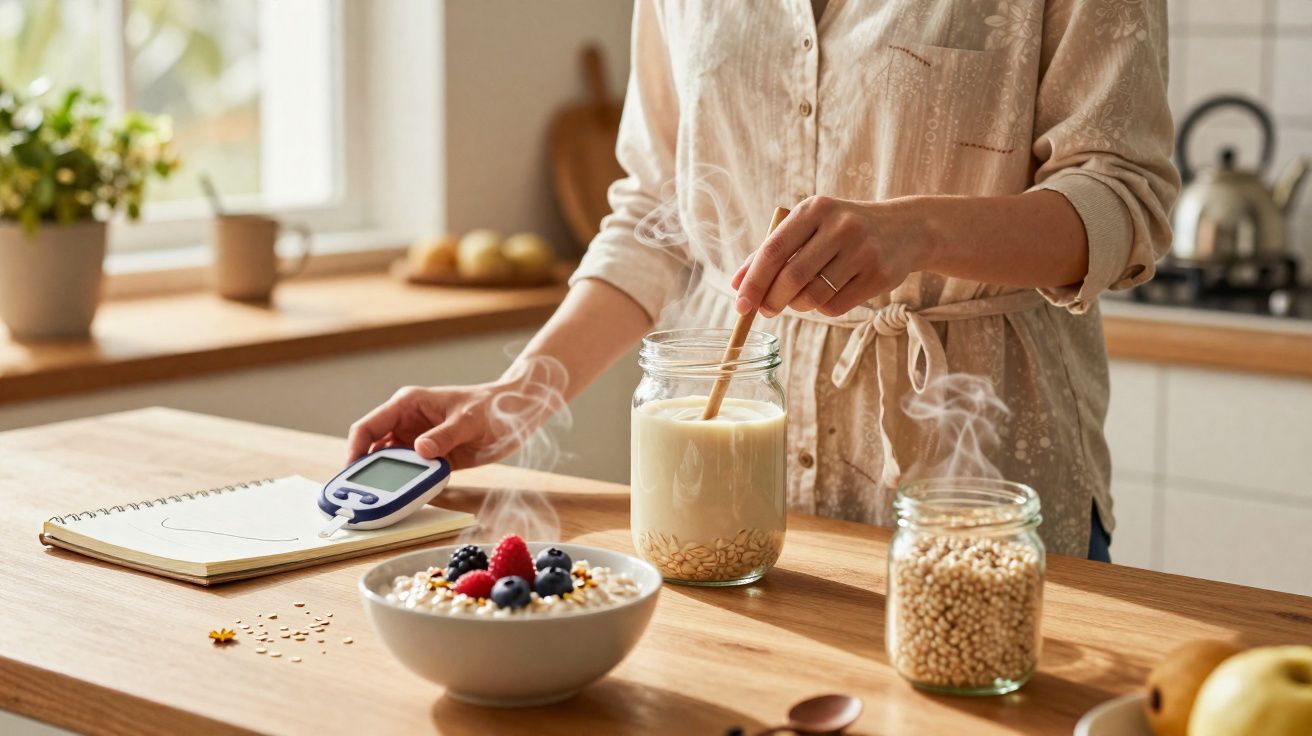 Pessoa mexendo aveia no leite em pote de vidro com tigela de cereal e marcador glicêmico na cozinha.