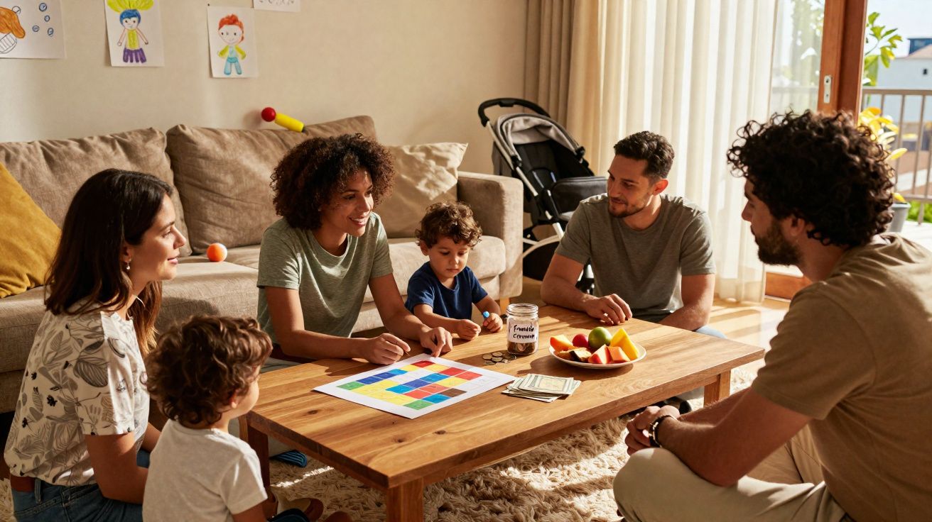 Grupo de adultos e crianças jogando jogo de tabuleiro em sala de estar iluminada ao fundo.