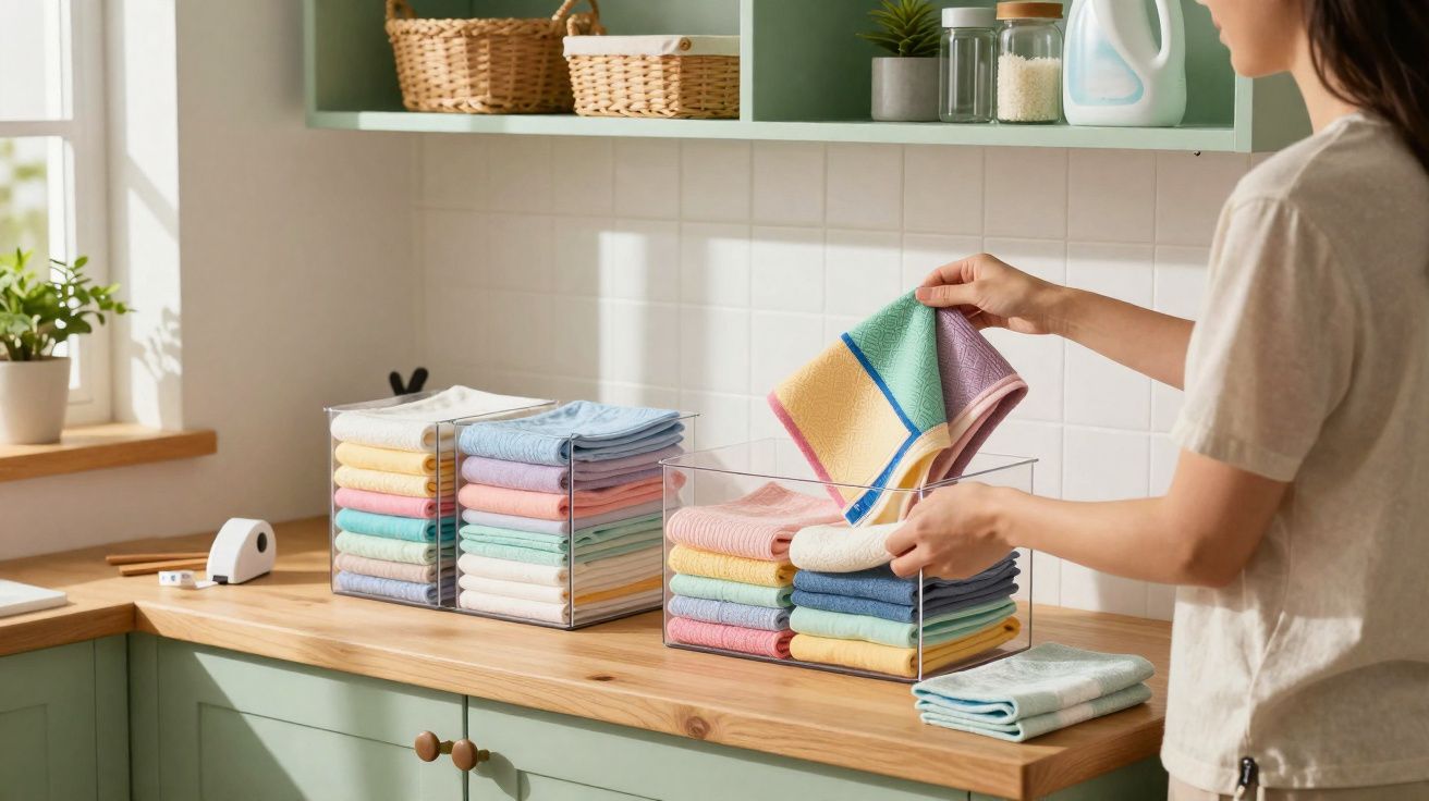 Pessoa organizando panos coloridos em caixas transparentes sobre bancada de cozinha verde.