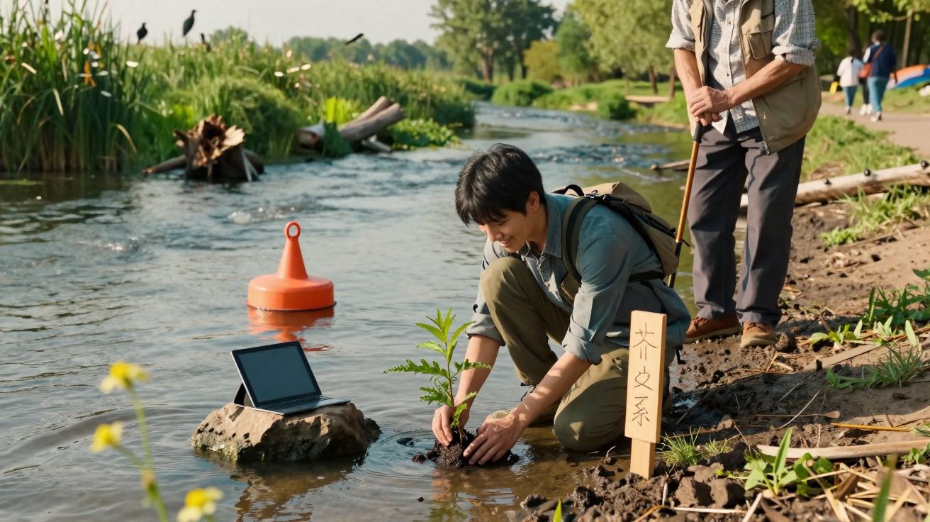 Pessoa jovem plantando árvore à beira de rio com idoso observando em ambiente natural ensolarado.