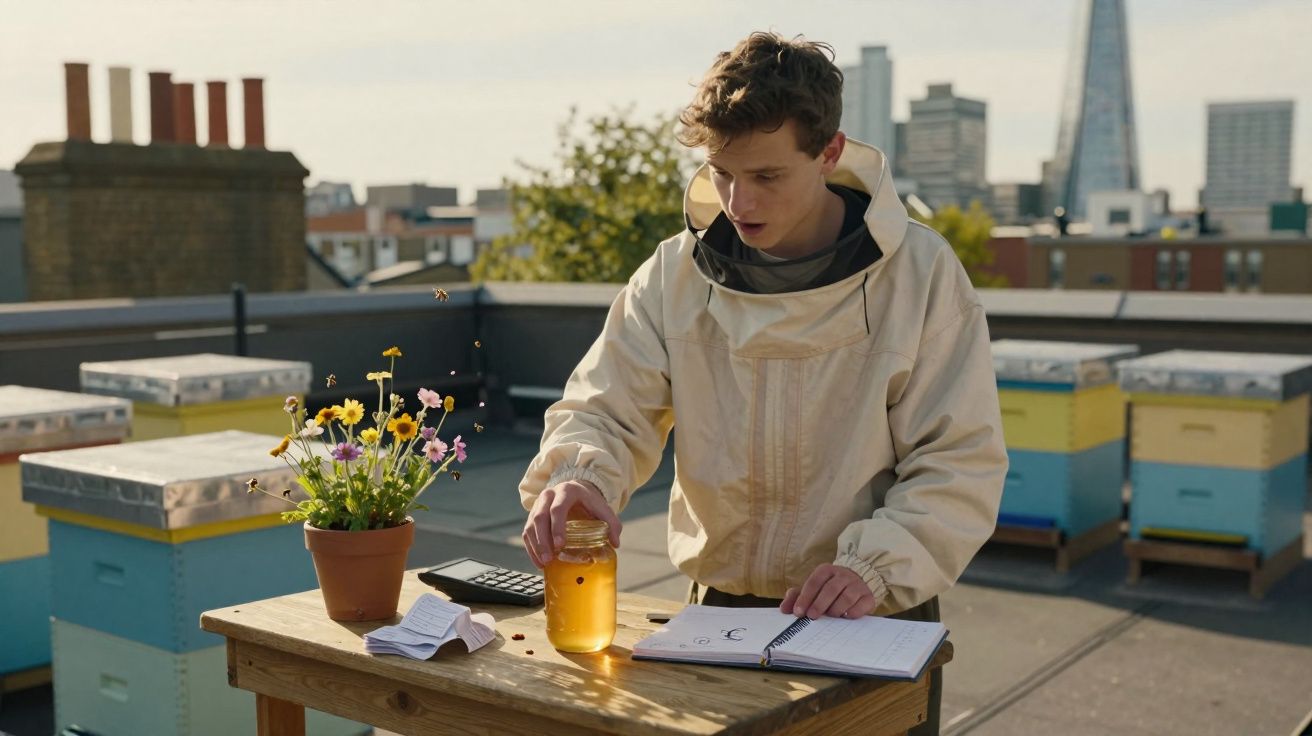 Jovem com roupa de apicultor observa pote de mel em mesa com caderno e flores no terraço urbano.
