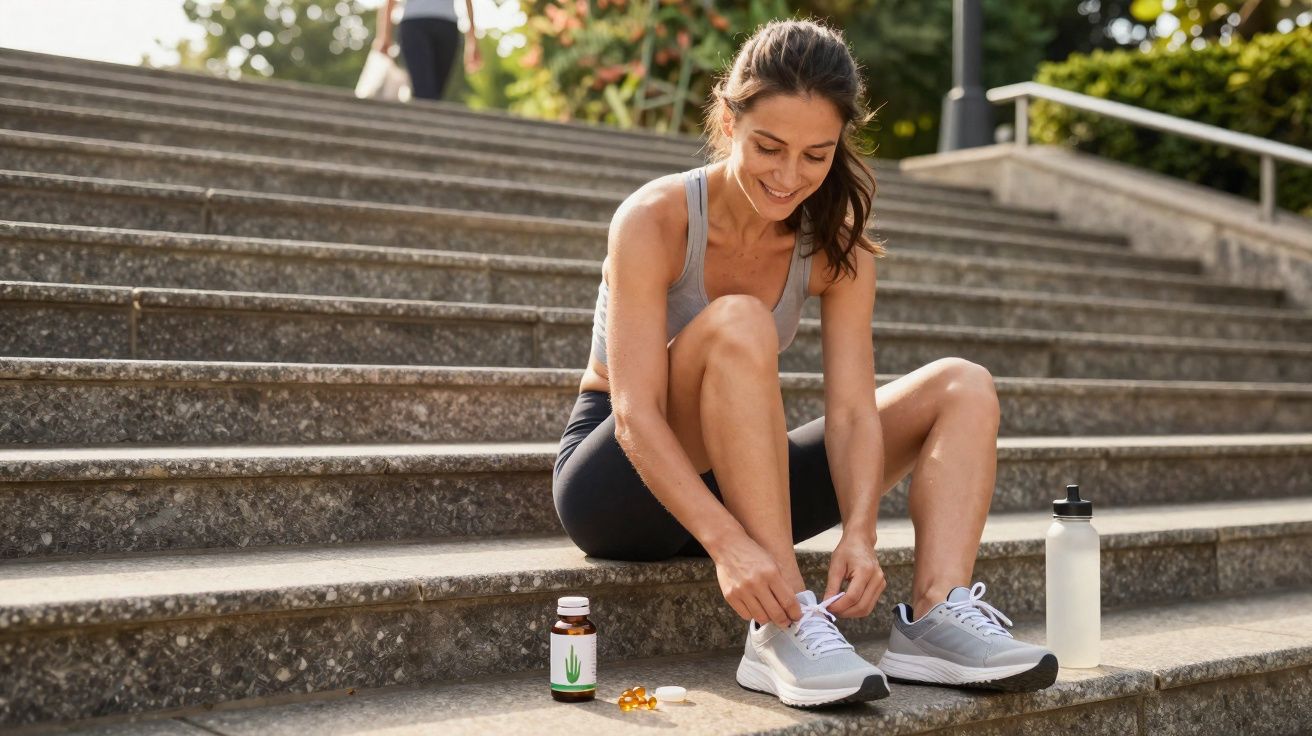 Mulher sorrindo amarrando tênis sentada em escada com suplementos e garrafa ao lado ao ar livre.