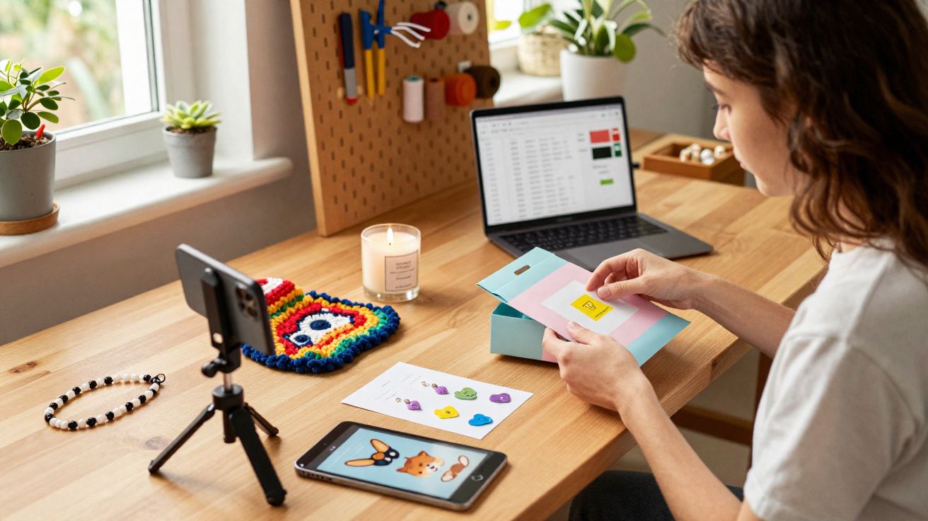 Pessoa sentada em mesa com celular, laptop e materiais para artesanato, organizando adesivos coloridos.