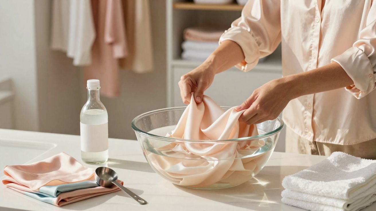 Pessoa lavando roupa delicada rosa em tigela de vidro com toalhas e vinagre branco sobre a mesa.