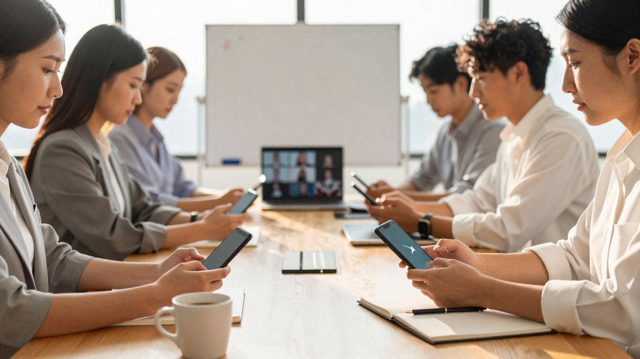 Pessoas sentadas em mesa de reunião usando celulares com videoconferência em tela ao fundo.
