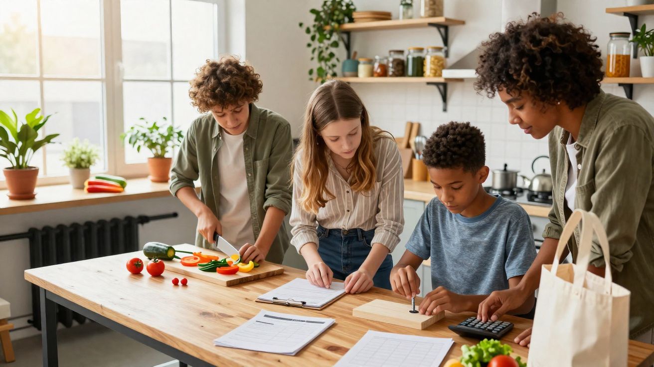 Quatro crianças preparando alimentos e anotando receitas em uma cozinha clara e organizada.